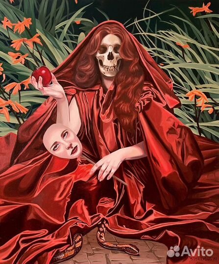 Картина холст, масло, маскарад, девушка с маской