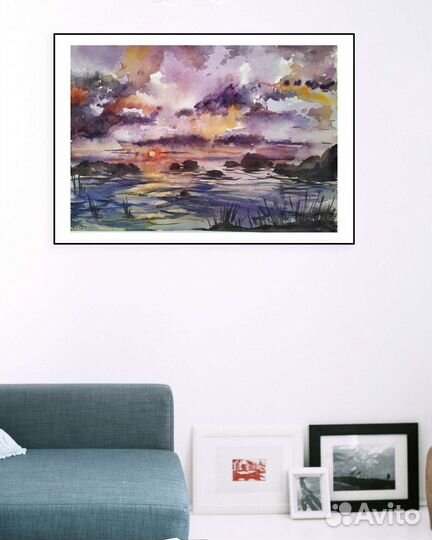 Картина акварель пейзаж закат А3