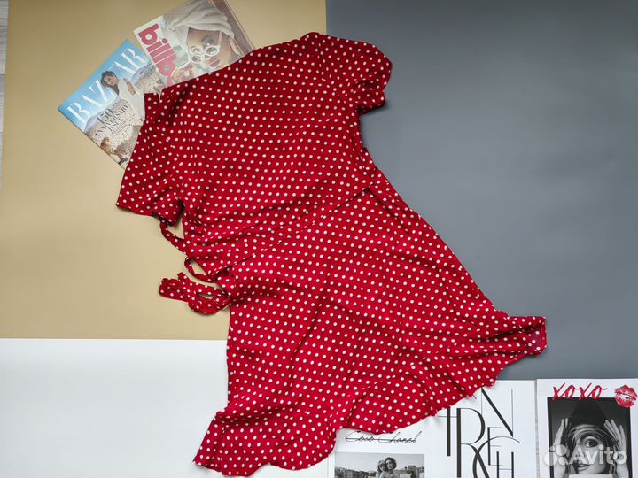 Платье на запах женское красное в горошек 46