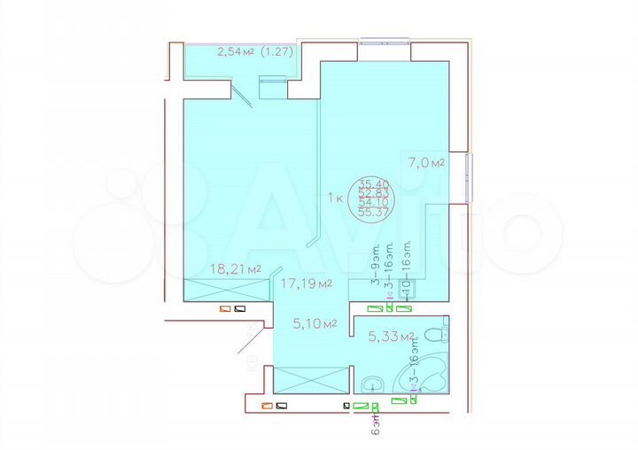 1-к. квартира, 54,1 м², 14/18 эт.
