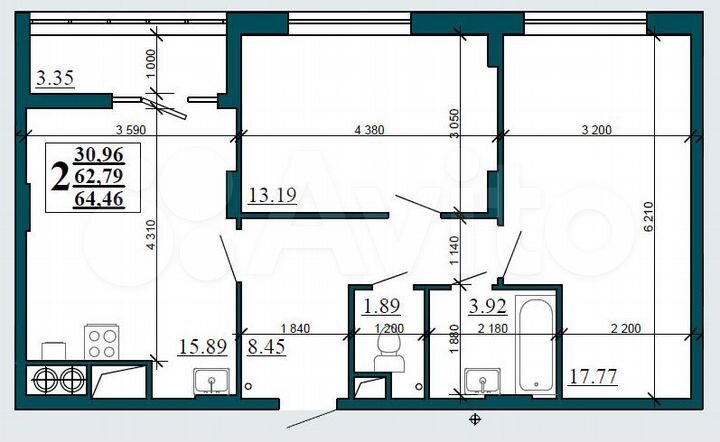 2-к. квартира, 64,5 м², 7/16 эт.