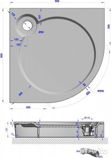 Поддон для душа GuteWetter Deluxe 90x90x16 R черны