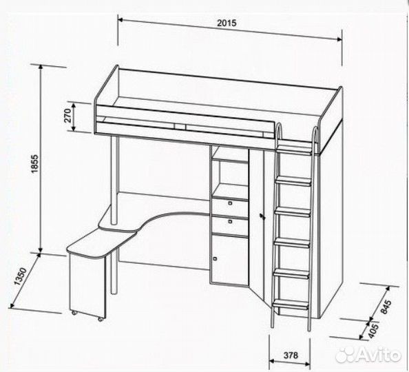 Кровать чердак детская с лестницей-комодом