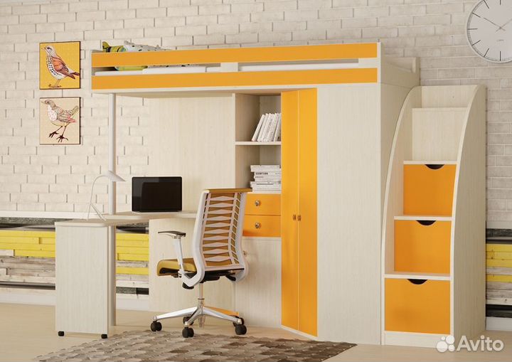 Кровать чердак детская с лестницей-комодом