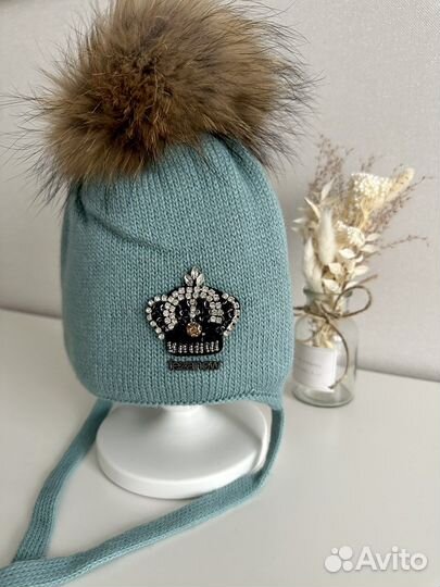 Шапка новая шерстяная с мехом енота зима 2-3-4года