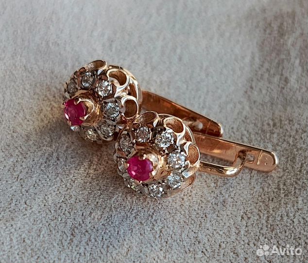 Золотые серьги Малинки бриллианты рубины