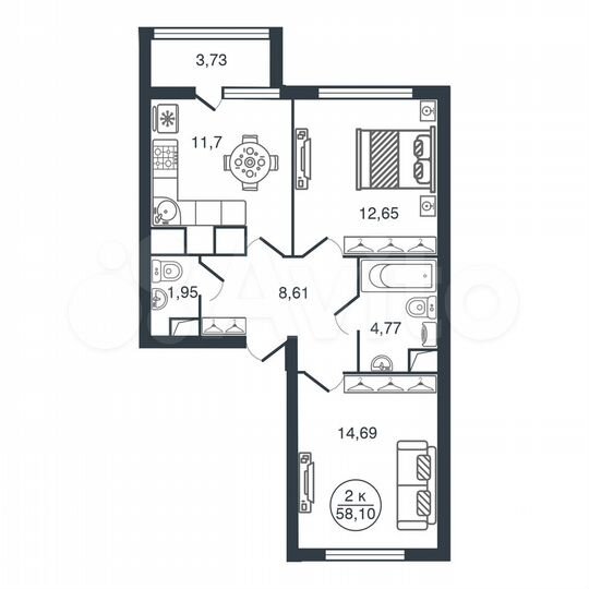 2-к. квартира, 58,1 м², 7/17 эт.