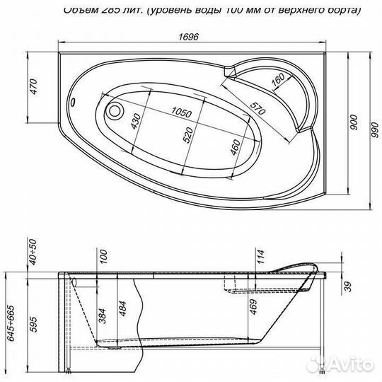 Ванна акриловая Jersi R 170*90 с каркасом и панель