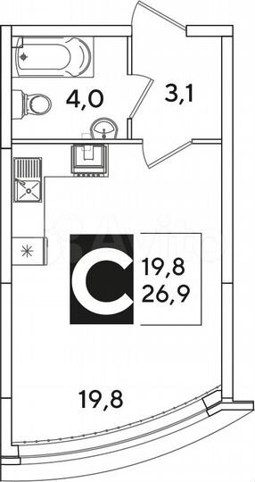 Квартира-студия, 26,9 м², 2/16 эт.