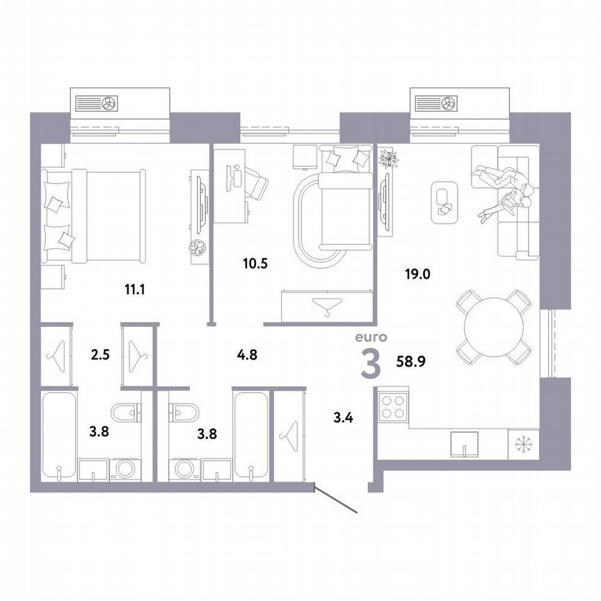 2-к. квартира, 58,9 м², 11/12 эт.