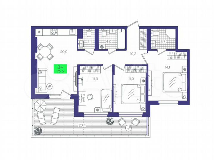 3-к. квартира, 76,5 м², 1/15 эт.