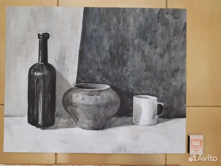 Натюрморт акварелью картина в черно-белом цвете