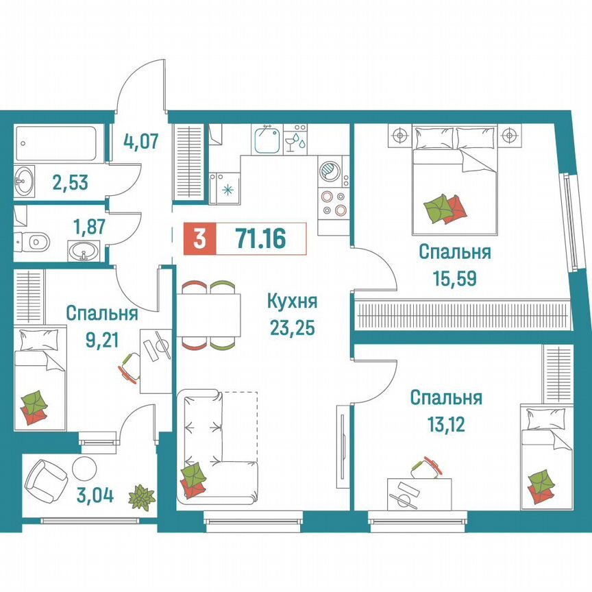 3-к. квартира, 71,2 м², 2/18 эт.