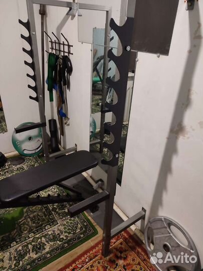 Стойка со скамьей, замки на олимпийский гриф,биц