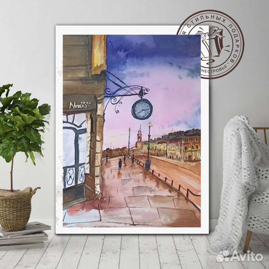 Картина акварелью. Утренний Санкт-Петербург