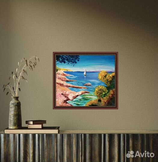 Картина с лодкой морской пейзаж скалы Крым масло
