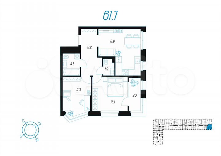 2-к. квартира, 61,7 м², 3/24 эт.