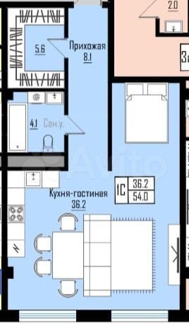 1-к. квартира, 54 м², 2/12 эт.
