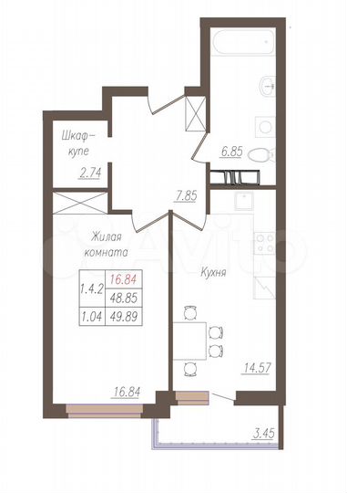 1-к. квартира, 48,9 м², 12/19 эт.