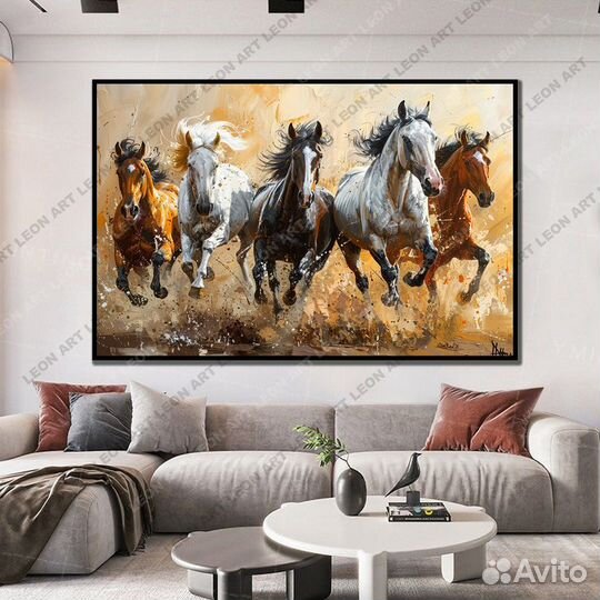 Картина эффектная с благородными лошадями конями