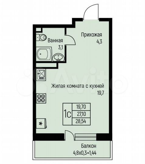 Квартира-студия, 28,5 м², 2/3 эт.