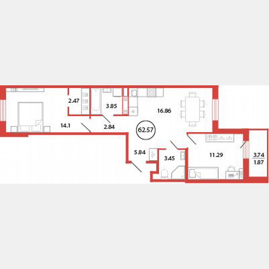 2-к. квартира, 62,6 м², 4/12 эт.