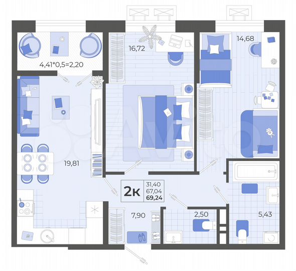 2-к. квартира, 69,2 м², 9/14 эт.