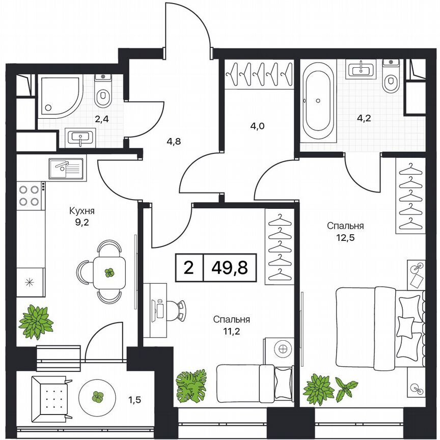 2-к. квартира, 49,8 м², 10/17 эт.