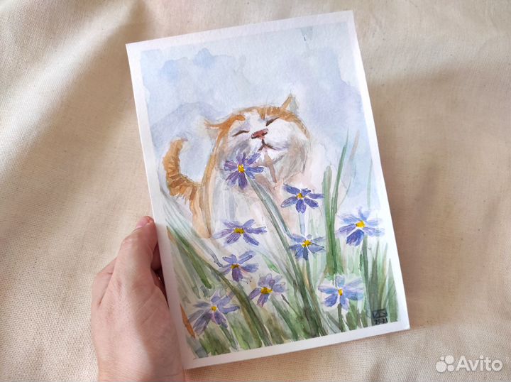 Картина акварелью. Иллюстрация рыжий кот и цветы