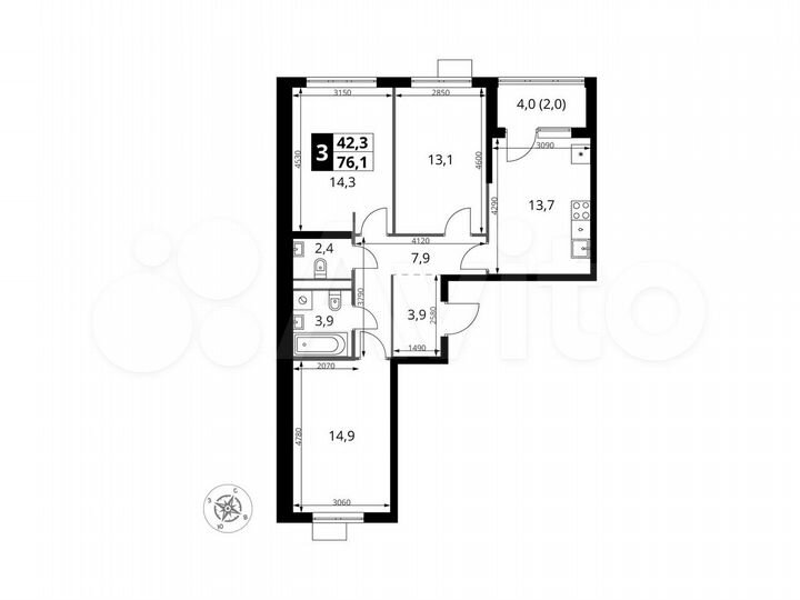 3-к. квартира, 76,1 м², 8/9 эт.