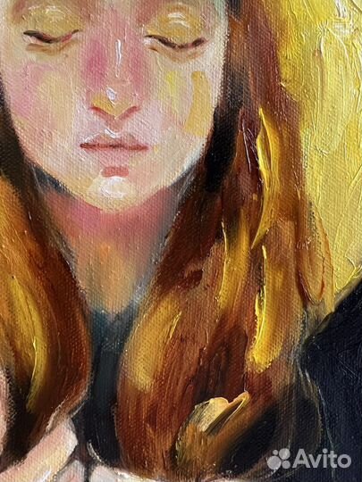 Картина маслом на холсте, луна, девушка, 40/50 см