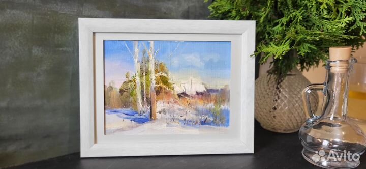 Зимний пейзаж. Картина маслом на холсте в рамке