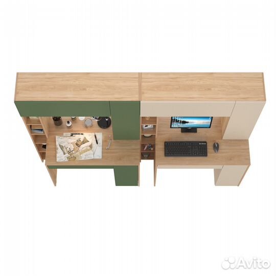 Два больших компьютерных стола Mobi Комфорт 12.71 цвет гикори рокфорд/дым.зелёный/сатин