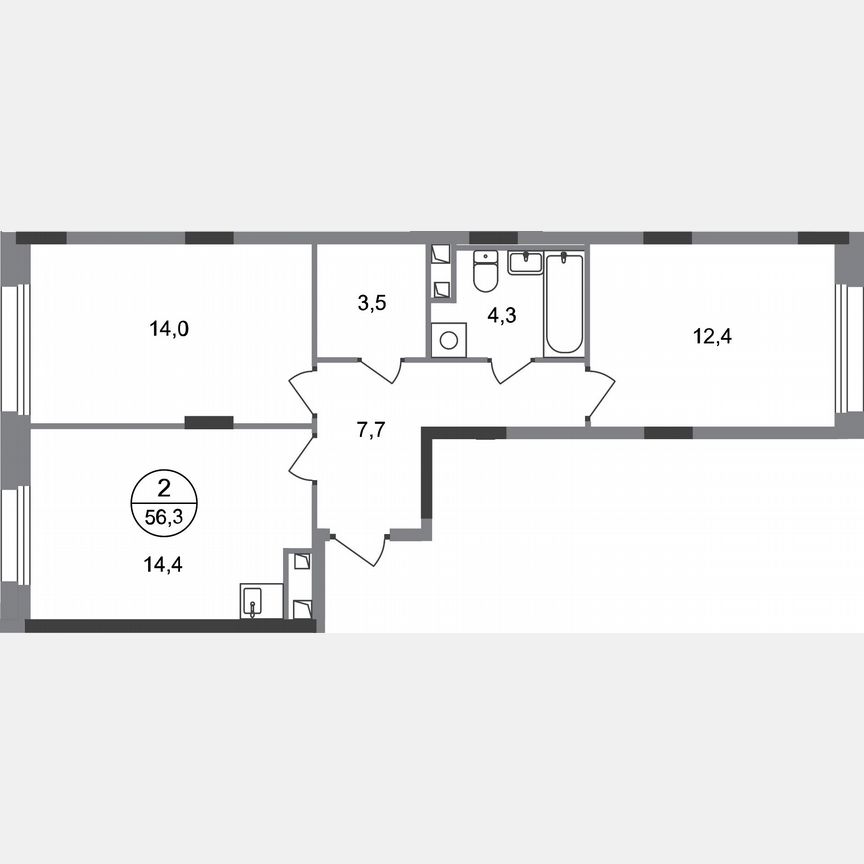 2-к. квартира, 56,3 м², 2/17 эт.