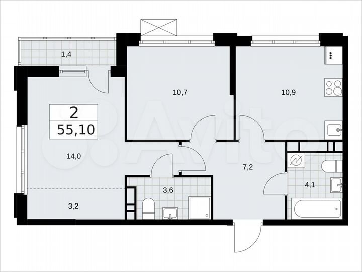 2-к. квартира, 55,1 м², 13/16 эт.