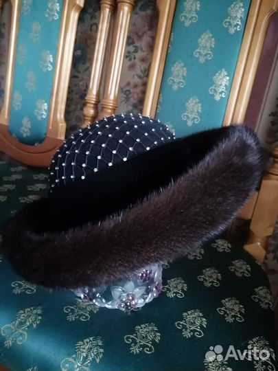 Шляпа норка, велюр, стразы, бархат размер 58