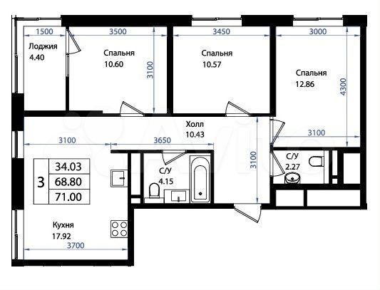 3-к. квартира, 71 м², 9/10 эт.