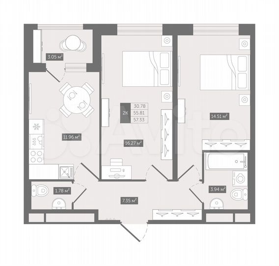 2-к. квартира, 57,3 м², 11/12 эт.