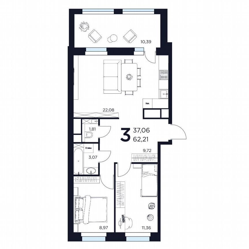 3-к. квартира, 62,2 м², 11/15 эт.