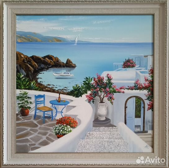 Картина авторская масло холст Санторини море отдых