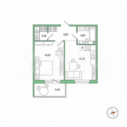 1-к. квартира, 43,3 м², 6/9 эт.
