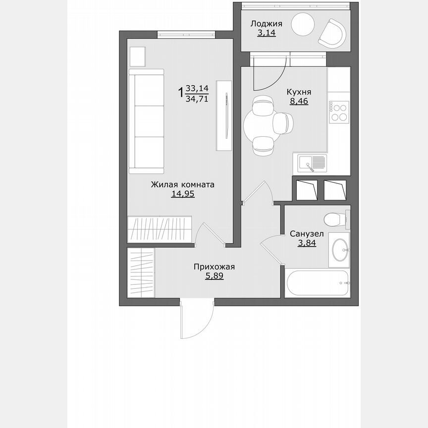 1-к. квартира, 34,7 м², 7/9 эт.