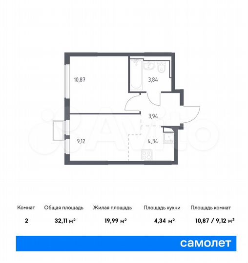 2-к. квартира, 32,1 м², 14/14 эт.