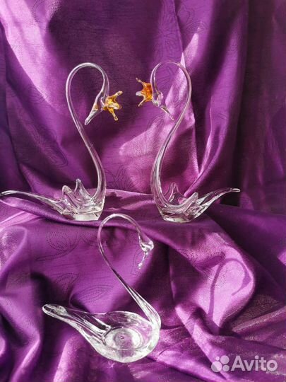 Стеклянные фигурки лебеди, кот и мыши