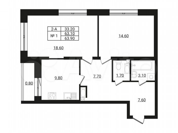 2-к. квартира, 63,9 м², 6/9 эт.