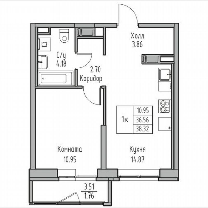 1-к. квартира, 38,3 м², 2/23 эт.