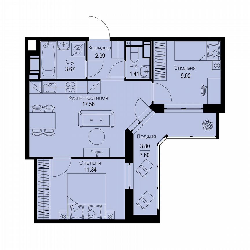 2-к. квартира, 49,8 м², 6/9 эт.