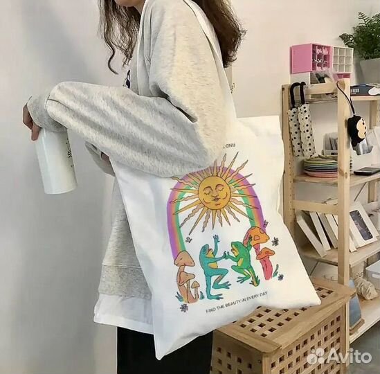 Сумка шопер с принтом лягушки и мухоморы