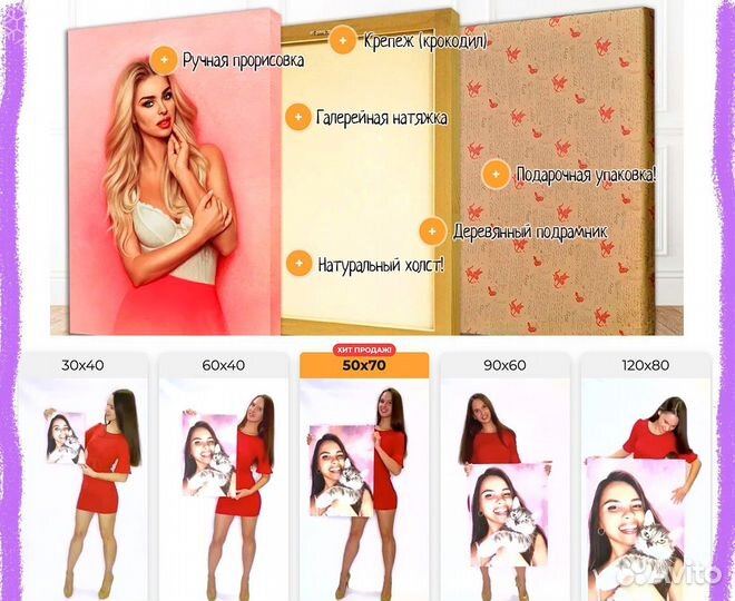 Портрет на холсте по фото (разные размеры)