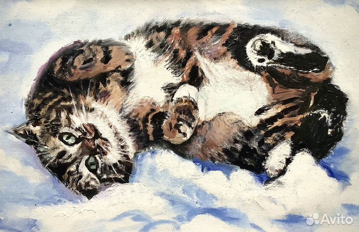 Картина маслом в раме Котик на снегу 20х30 см